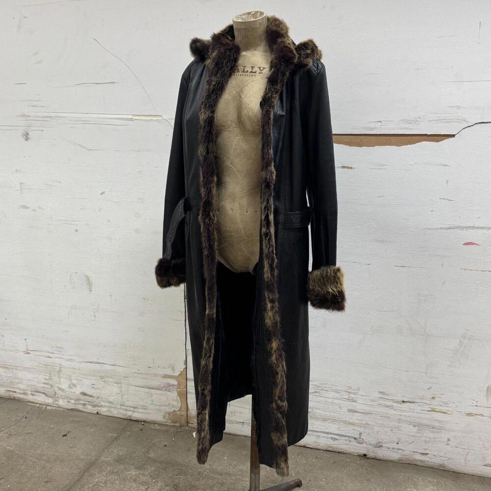 90s Vintage Kri-u Genuine Leather & Rabbit Fur Hooded Longline Trench Coat